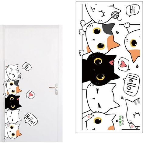Sticker de Porte Chat Cartoon Autocollant Mural pour Chambre d'Enfant Décoration Intérieure Animaux Peints 29x60cm (1/4)