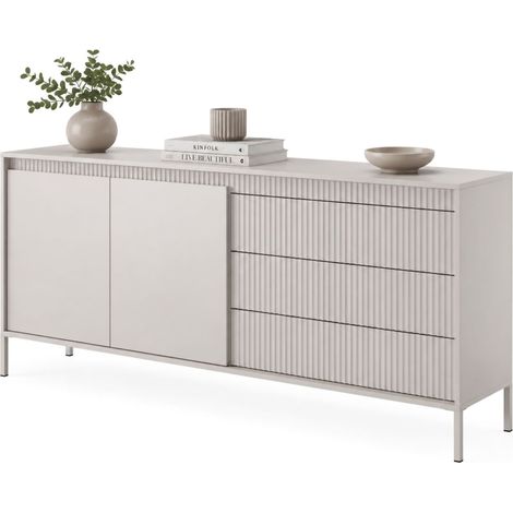 Credenza Hatone, Madia 3 Cassetti, 2 Ripiani, Apertura Battente, Scorrevole, 187x40x81h cm Beige