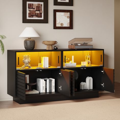 DESMIU Buffet et enfilade 4 portes vitrées et étagères avec LED pour salon, en panneau de particules, noir, 130 × 35 × 68 cm (1/5)