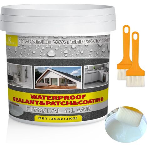 1KG Waterproof Coating Transparent,Membrane d'Étanchéité Waterstop,Joint Etancheite pour l'intérieur et l'extérieur,Agent Imperméable Invisible pour Terrasse,Facade,Toiture et Bain (1/5)