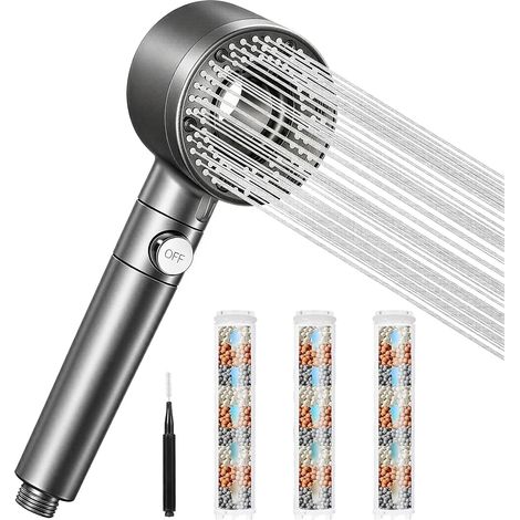 Pommeau de Douche Anti Calcaire Haute Pression, 5 Jets, Gris Douchette anti-calcaire avec 3 filtres, 5 jets et économie d’eau, pour douche quotidienne (1/5)