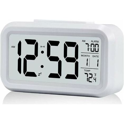 Réveil Digital Réveil Matin, Horloge Numérique Réveil à Pile Silencieux pour Enfants Adultes Grand écran LED Température Calendrier(Blanc) (1/4)
