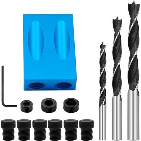 Gabarit de Percage Oblique, Gabarit de Trou de Poche avec Forets 15é Positionneur de Menuisier Guide de Percage pour Coin à Bois avec Adaptateur pour Trou de 6/8/10mm (1/5)