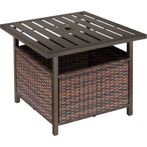 Rattan Garden Coffee Table, 55.5 cm Square Wicker Patio Side Coffee Table with 4 cm Umbrella Hole, Metal Bottom and Slatted Top for Outdoor, Balcony, Brown