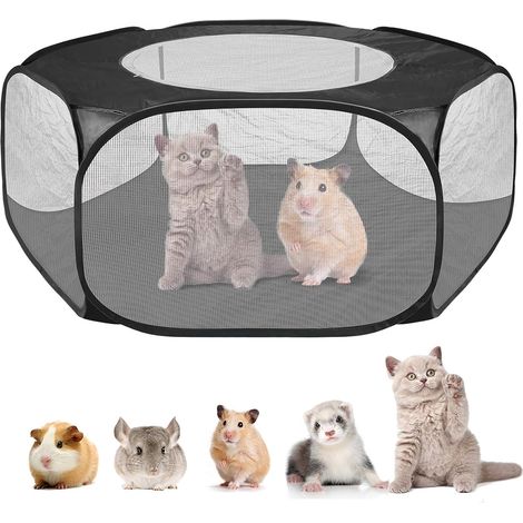 Faltbares Haustier-Laufgitter, tragbares Kleintier-Laufgitter, transparentes Käfigzelt für Hamster, Meerschweinchen, Igel, Kaninchen, 190T wasserdicht und robust, Schwarz