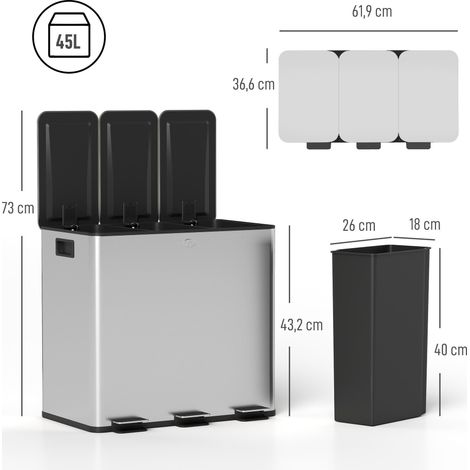 Poubelle de cuisine, poubelle tri sélectif, 3 compartiments de 15L, seaux intérieurs amovibles, 61,9x36,6x43,2cm, argent (1/5)