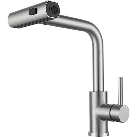Robinet mitigeur cuisine acier inoxydable 1 trou, bec pivotant 360° et douchette extractible – Évier moderne avec commande unique (1/5)