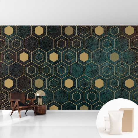 Papier peint intissé décoratif avec colle pour salon chambre et bureau Installation rapide Hexagones géométriques 416x254 cm (1/5)