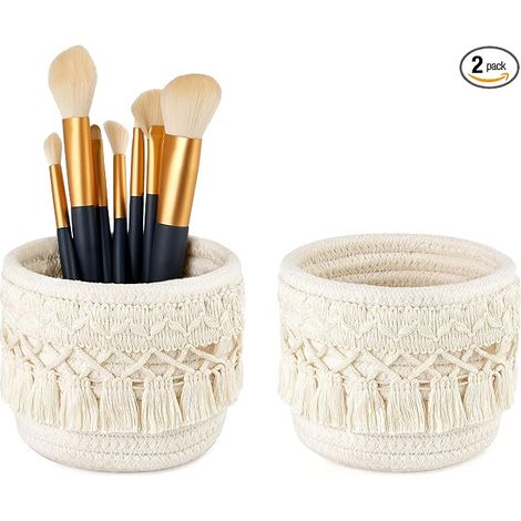 Organiseur de pinceaux de maquillage en macramé, ensemble de 2 mini paniers de rangement pour pinceaux, stylos et crayons, décor bohème, couleur ivoire (1/5)