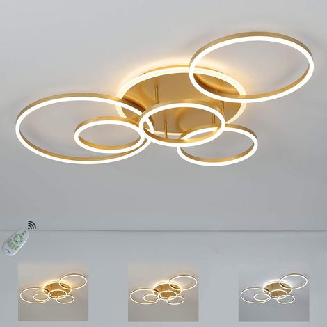 LED Ceiling Light Gold 6 Rings Design, Modern Dimmable Ceiling Lamp with Remote Control, Adjustable Interior Light 3000K-6000K, LED Lighting for Living Room, Bedroom, Dining Room, Office (1/5)