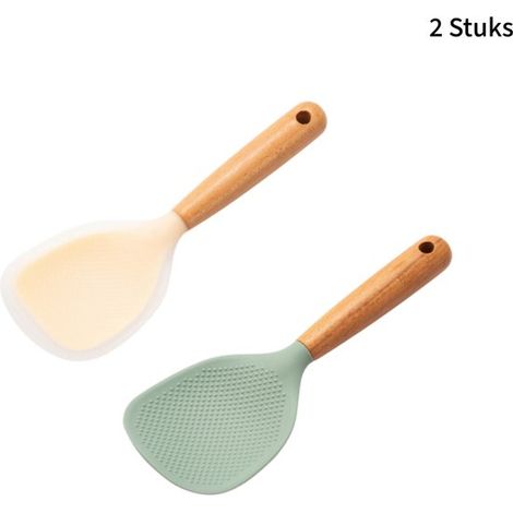 2 cucharas de arroz de silicona con mangos de madera - revestimiento antiadherente - resistentes al calor - para uso diario - naranja y verde (1/5)