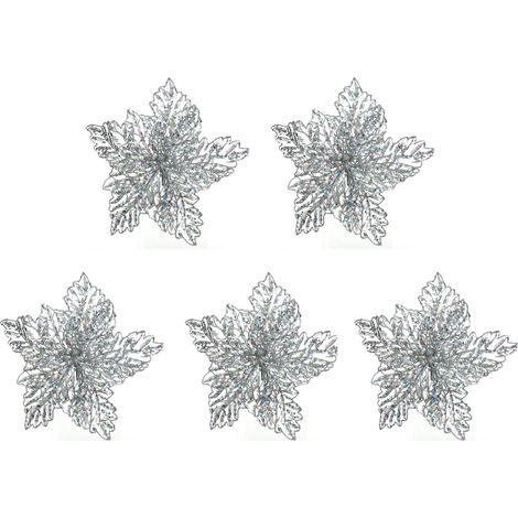OFFERTA 5 POINSETTIE APPENDIBILI CON CLIPS 23.5 X 10 CM CON GLITTER ARGENTO