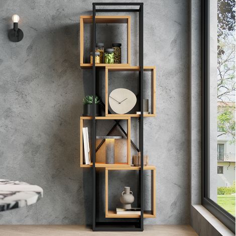 Bibliothèque sur pied 59x30x180 cm en métal et MDF, 4 étagères ouvertes, empilable, OKWISH (1/5)