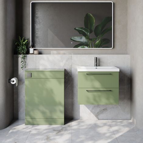 Napoli 390 Cento Olive Green 1200mm Wall Mounted 2 Drawer Vanity Unit and Toilet Suite with Glide Basin - 1200mm - Gunmetal Grey 320mm HandleWithout Kingston Toilet Pan
