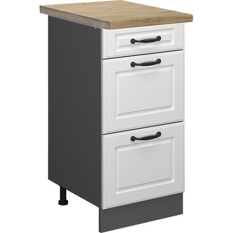 Küchenunterschrank R-Line, Weiß Landhaus, 40 cm mit Schubladen, AP Eiche, Vicco