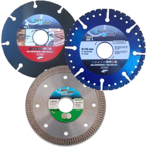 DIAMWOOD - Pack 3 Disques 115 mm - RAZOR Carrelage Marbre - PYRHANA Tous Matériaux - EAGLE Carbure Bois Plastique Plâtre - Al. 22,23 mm - Multi-Matériaux (1/5)