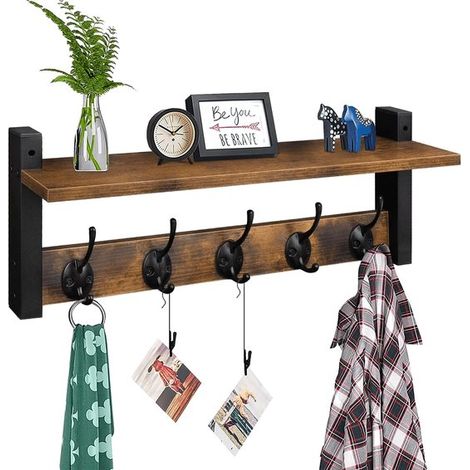 Estantería de pared, Perchero de madera con estantes, Con 5 ganchos metálicos, lavaderos y dormitorios, color marrón y negro vintage (1/5)