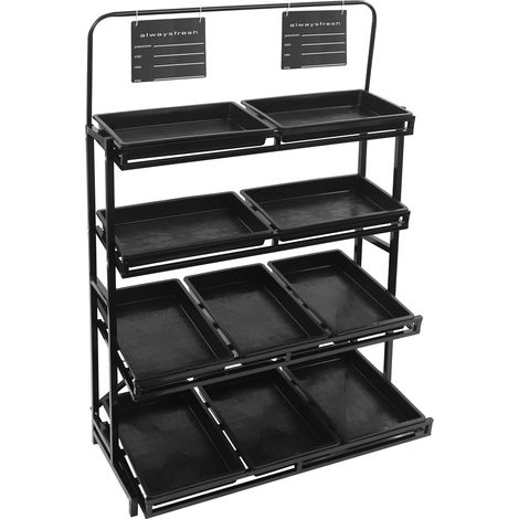 Étagère de stockage pour supermarché, rayonnage de vente au détail, 4 niveaux avec 10 plateaux solides et boîtes de rangement amovibles, adaptée aux snacks/boissons/conserves/jouets (noir,120 x 60 x 1 (1/5)