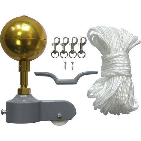 Accessoires mât de drapeau – Kit avec boule dorée en aluminium anodisé – Corde polyester résistante aux UV – Pour intérieur et extérieur