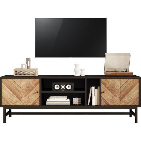 Meuble TV 150 cm noir et bois clair, meuble bas de salon avec 2 placards, 3 niches de rangement, pieds métal stables, style moderne minimaliste - CHICFURN (1/5)