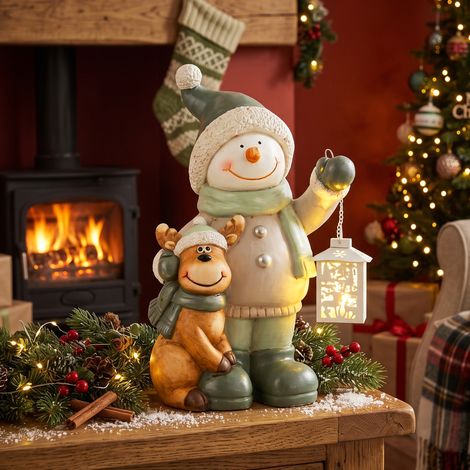 Bonhomme de neige en métal de 43 cm avec lanterne LED et minuterie, pour entrée et porte. (1/5)