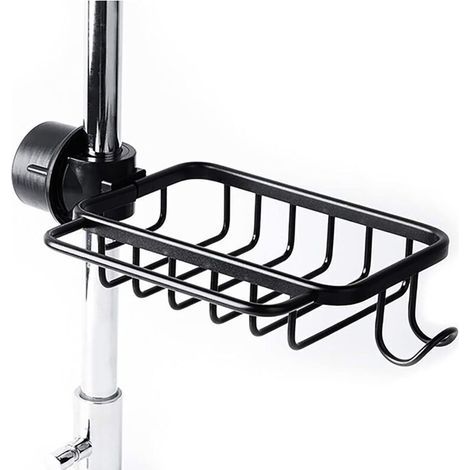 Porte-éponge évier avec crochet, panier de rangement en aluminium pour robinet de cuisine, support douche, étagère savon shampoing, modèle noir renforcé (1/5)