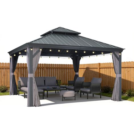 PURPLE LEAF 4,6 x 4 m tonnelle de jardin, pergola aluminium extérieure avec moustiquaire et rideaux, hardtop pavillon double toit en acier galvanisé avec guirlande LED, gris (1/5)