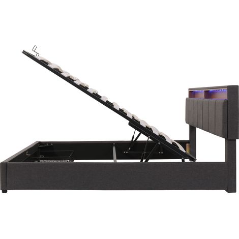 Lit rembourré avec éclairage LED, lit de rangement hydraulique avec coffre de lit, tiroirs et compartiments de rangement, tête de lit escamotable en mousse, lit double avec cadre en acier, lin, 160200