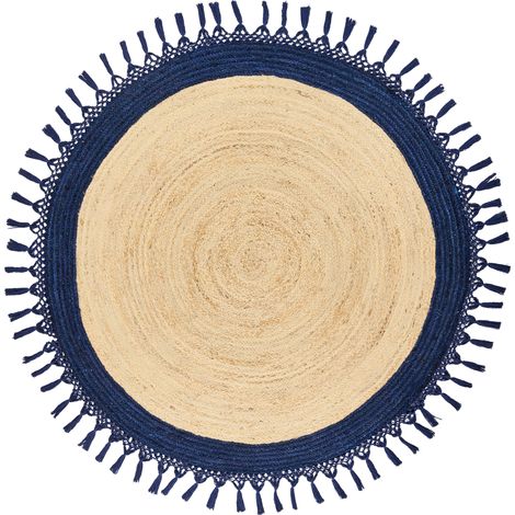 Alfombra boho rústica redonda 140 cm de yute natural trenzado a mano beige y azul oscuro Marts
