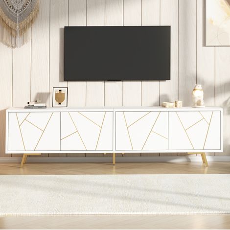 Meuble TV blanc et doré 190 x 40 x 51,5 cm, 4 portes, 5 pieds métal, pour TV jusqu’à 85 pouces (1/5)
