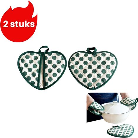 Ensemble de 2 gants de cuisine résistants à la chaleur en coton épais double couche avec pinces en forme de cœur et dessous de plat isolant vert (1/5)