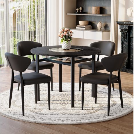 Rundes Esszimmer-Set 100 cm mit 4 schwarzen PU-Stühlen, MDF-Platte mit Glas HAVRYA (1/5)