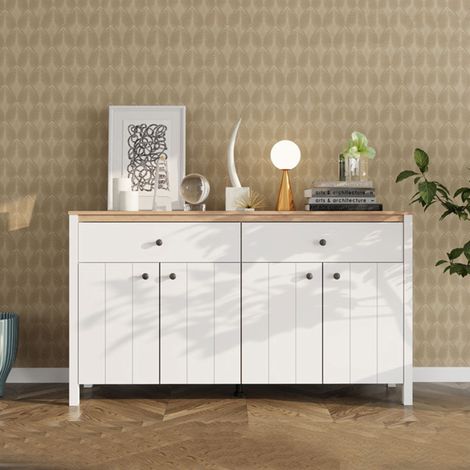 Aparador Belve, Cómoda con 3 Estantes, 2 Cajones, 4 Puertas, 163x40x92h cm Blanco Mate (1/5)