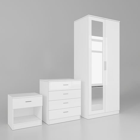 ELEGANT Wardrobe White Storage Furniture High Gloss 2 Doors Wardrobe with 4 Drawer Chest and Bedside Cabinet (1/5)