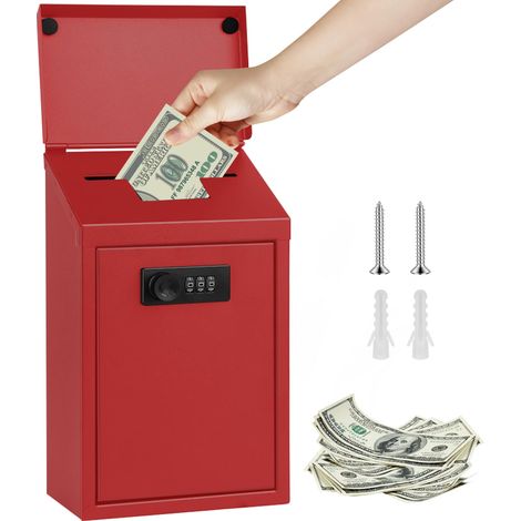 Coffre-Fort avec 2 Clés, Boîte de Serrure à Clé, Boîte de Sécurité à Domicile/Bureaux, Coffre Argent Billet, Pour la Sécurité à Domicile, Boîte de Rangement Sécurisée (Rouge A) (1/5)