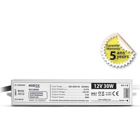Transformateur LED 30W 12 Volts DC IP67 Miidex Lighting®
