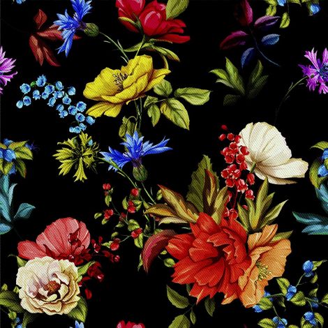 Tela decorativa para exteriores Oxford - motivo floral pintado sobre fondo negro I DX171 (1/5)