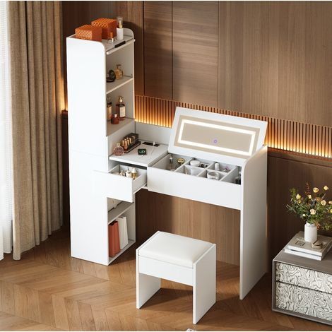 MEUBLIV Schminktisch 131x40x160 cm Weiß mit LED-Spiegel, USB und Stauraum (1/5)