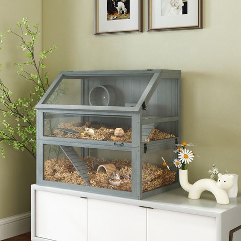 Cage en bois pour hamster. 3 niveaux avec fond profond. Niveaux amovibles. Pour petits animaux. 80 x 50 x 76 cm. Gris clair. (1/5)
