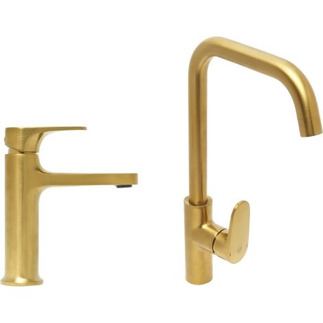 Dark, juego de grifo monomando para lavabo + grifo de cocina con brazo giratorio, oro cepillado (SATBSDA271BZ) (1/5)