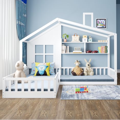 DESVIAE Lit enfant maison avec étagères et barrières de sécurité 90 x 200 cm bois massif et MDF blanc (1/5)
