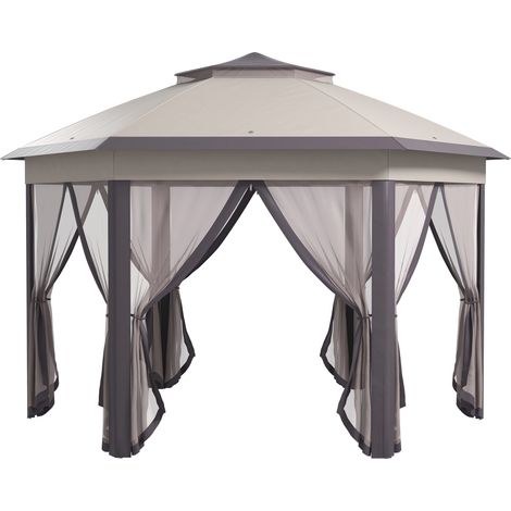 3 x 4m Garden Gazebo Hexagon Pop Up Gazebo Party Tent Canopy Double Roof Instant Shelter with Netting and Carry Bag for Outdoor Patio, Beige