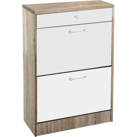 Meuble à chaussures bioclimatique Atena 60 x 24 x 91 cm, bicolore bois clair et blanc, avec deux portes à rabat et un tiroir supérieur.