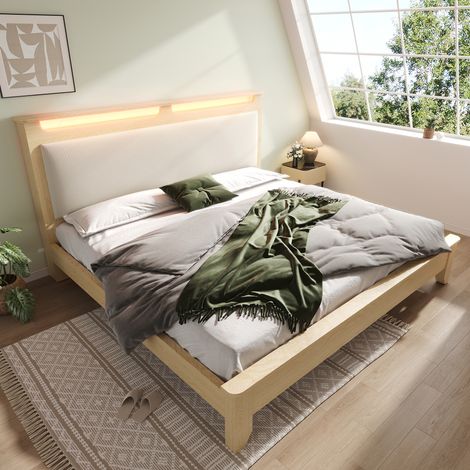 Cama doble 180x200 cm con cabecero con almacenaje, LED regulable y respaldo de terciopelo acanalado beige, estructura de madera clara CHICFURN para dormitorio moderno (1/5)