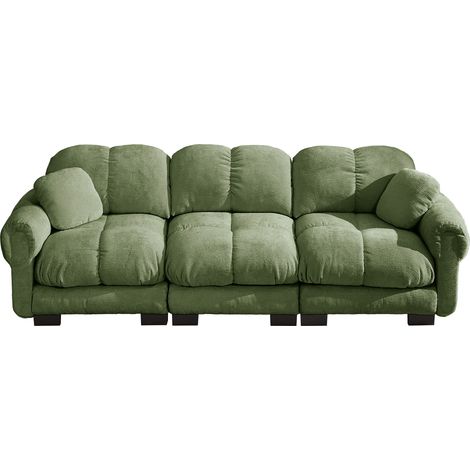 Divano 3 posti verde in ciniglia con 2 cuscini decorativi (1/5)
