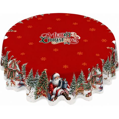 Nappe de Noël ronde 152 cm, en polyester, motif Père Noël, bonhomme de neige et sapin. Décoration de table ronde 180 x 180 cm - Style 3 (1/2)