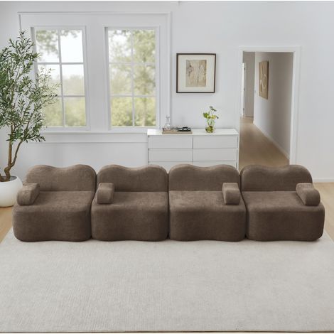 Canapé d’angle modulaire 4 places en velours marron, assise profonde et repose-pieds modulable (1/5)