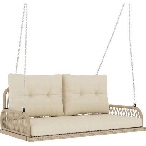 Hollywood 2-Sitzer-Rattanschaukel mit Kissen und Ketten, bis 240 kg, 115 x 66 x 44 cm, beige