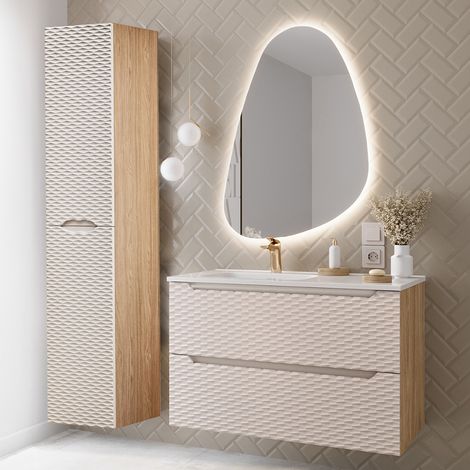 Ensemble meuble simple vasque encastrée gauche 90cm et colonne Elora Beige et bois