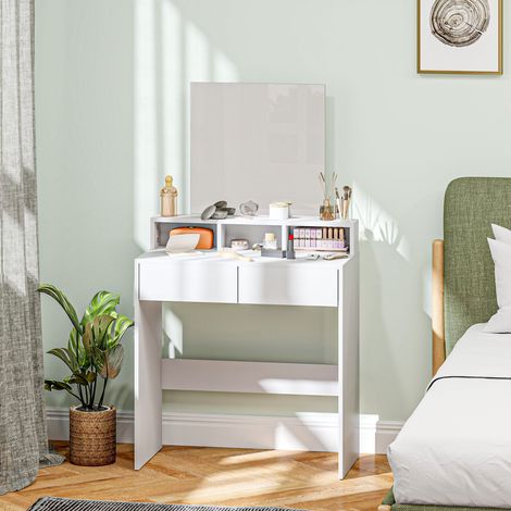 Rangement Coiffeuse avec miroir table de maquillage avec 2 tiroirs et 3 compartiments style moderne 75 x 38 x 135 cm - blanc